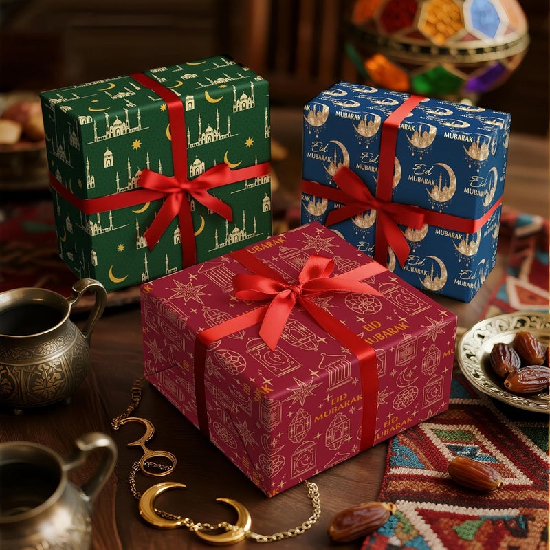 LeZakaa ورق تغليف عيد مبارك، تغليف هدايا للمهرجان الإسلامي مع فوانيس، هلال، مسجد 6 تصاميم لعيد الفطر، احتفال رمضان المسلم، 6 أوراق مطوية مسطحة، 19.7" × 27.5" لكل ورقة - Image 3